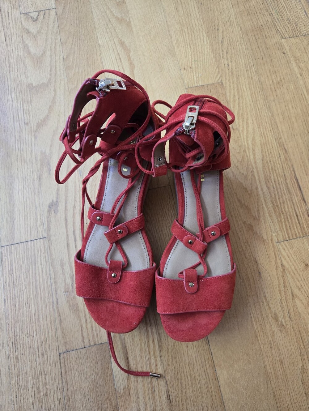Red Lace-Up Suede Women's Sandals